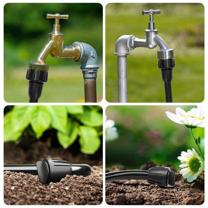 Bonviee Drip Irrigation Parts for 5/16" Main Line - (6-Pack) - 3 x PVC Female Hose Thread Non-Swivel Adapter and 3 x Barbed Threaded End Plugs - Drip Irrigation Fittings
