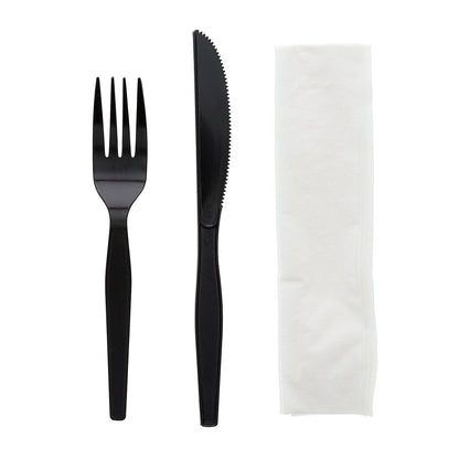 AmerCareRoyal 3-in-1 Disposable Silverware Medium Heavy Weight Plastic Utensil Set with Fork, Knife and 12x13 inch Napkin - Individually Wrapped Cutlery Meal Kit, Black, Case of 500