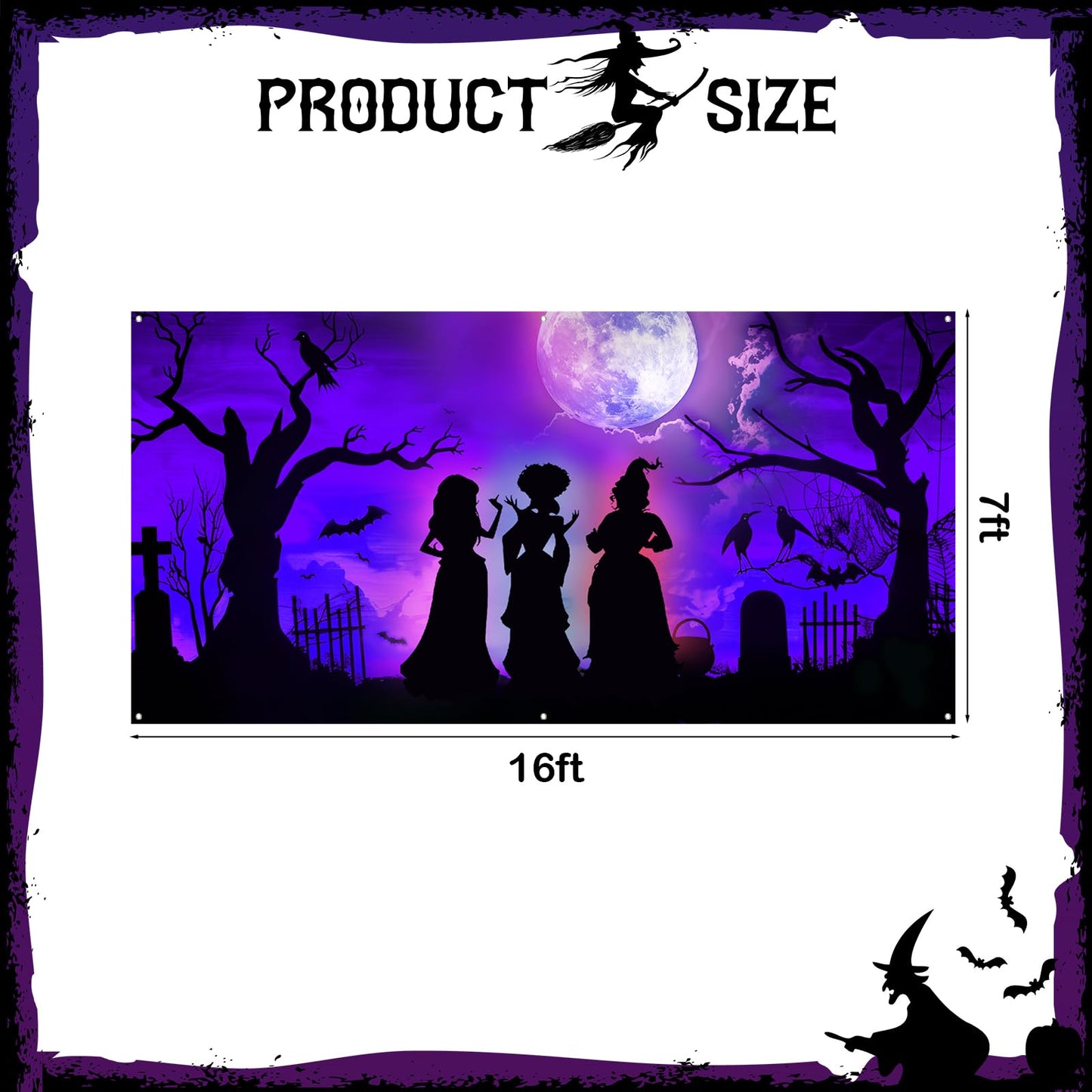 7 x 16 Ft Halloween Garage Door Cover Decorations Outdoor, Large Hocus Pocus Witches Silhouette Decor, Scary Double Garage Buddy Halloween for Home Wall Window Patio Yard Outside