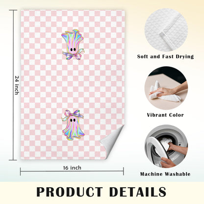 JINYO Ghost Kitchen Towels, Pink and White Checkered Hand Towels for Bathroom Kitchen Decor, Halloween Decorative Dish Tea Towels, 16x24 Inch