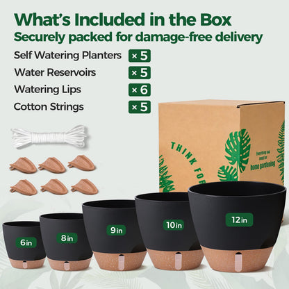 T4U 5 Pack Self Watering Pots (6"+8"+9"+10"+12") - Water Level Indicator & Deep Reservoir, Mess-Free Planters for Busy People, Beginners & Gardeners, Fit Most Plants, Indoor Outdoor Use (Black)