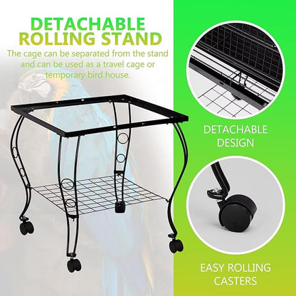 SUPER DEAL 64'' Rolling Bird Cage Large Wrought Iron Cage for Cockatiel Sun Conure Parakeet Finch Budgie Lovebird Canary Medium Pet House with Rolling Stand & Storage Shelf