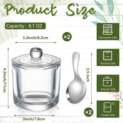Reallnaive 2 Set Glass Salt Cellar with Lid and Spoon Container for Kosher, Sea, Himalayan Salt, Candy, Pepper, Heavyweight Seasoning Jar, Dishwasher Safe, 8.7oz (White)