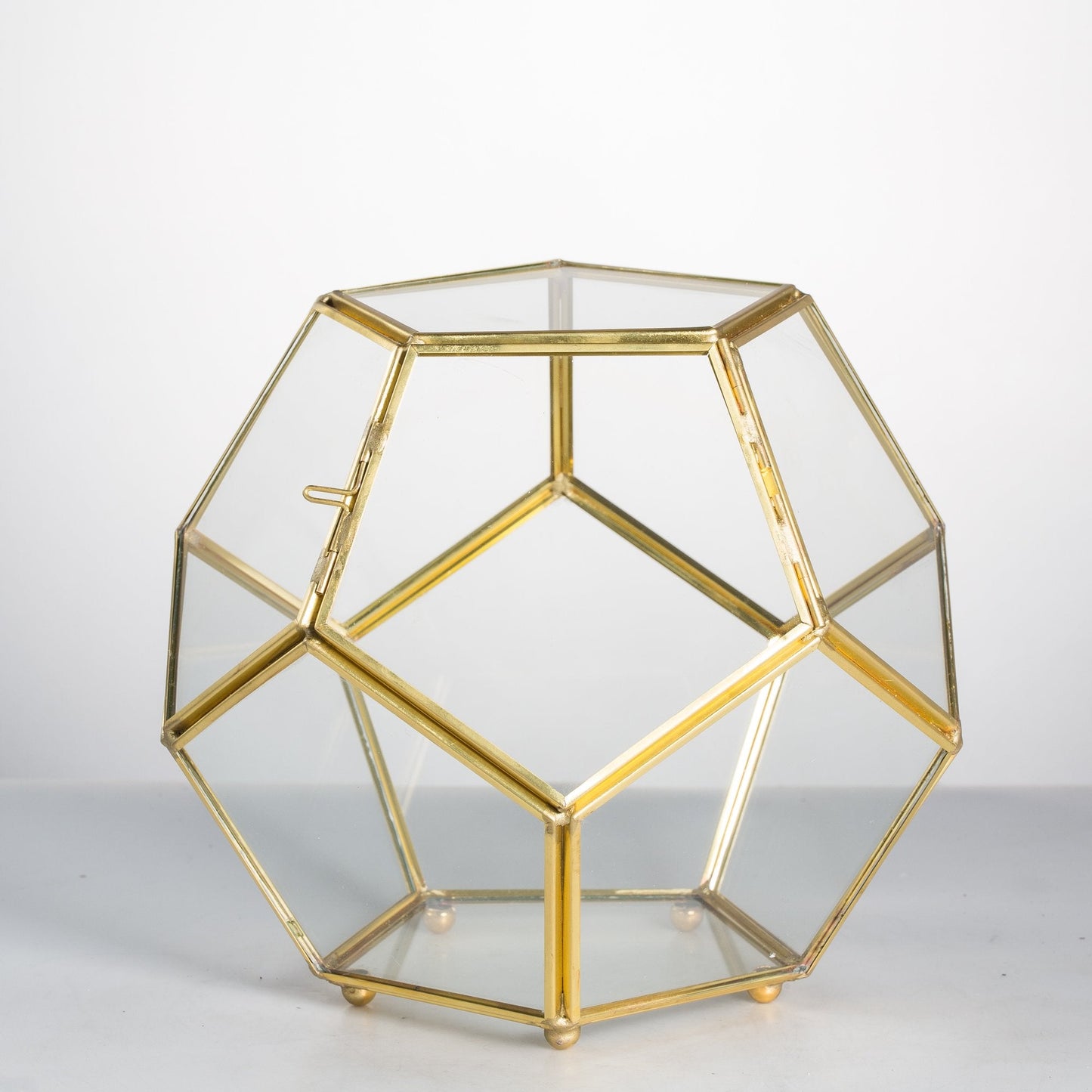 NCYP Glass Geometric Terrarium Planter with Door and Foot, Pentagon Ball Shape Glass Terrarium for Fern, Succulents, Small Plants, Gold, 6.8 x 6.8 x 5.9 inches (No Plants)