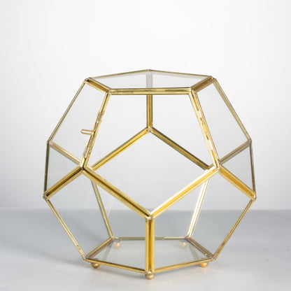 NCYP Glass Geometric Terrarium Planter with Door and Foot, Pentagon Ball Shape Glass Terrarium for Fern, Succulents, Small Plants, Gold, 6.8 x 6.8 x 5.9 inches (No Plants)