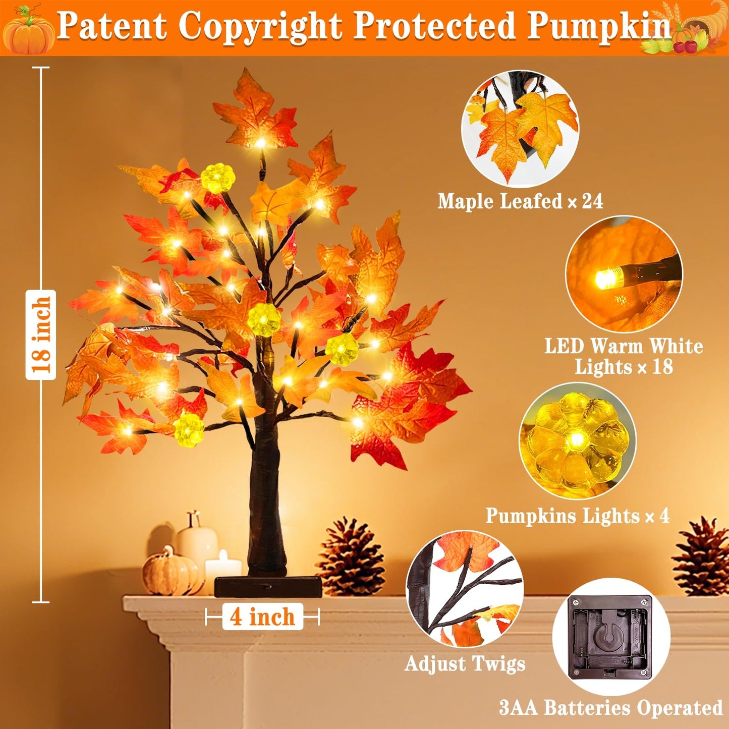 18 Inch Prelit Fall Maple Tree with Pumpkin Lights Timer Fall Decorations for Home, Battery Operated 24 Warm White LEDs for Autumn Halloween Thanksgiving Table Party Home Fall Decor Indoor Outdoor