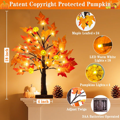 18 Inch Prelit Fall Maple Tree with Pumpkin Lights Timer Fall Decorations for Home, Battery Operated 24 Warm White LEDs for Autumn Halloween Thanksgiving Table Party Home Fall Decor Indoor Outdoor