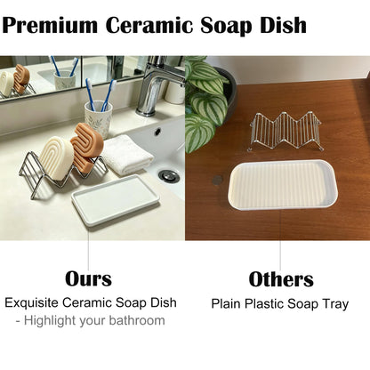 Lofekea Soap Dish, Stainless Steel Self Draining Shower Bar Soap Holder with Ceramic Dish Tray, W Style Soap Saver for Bathroom, Sink, Kitchen and Countertop(Green Texture)
