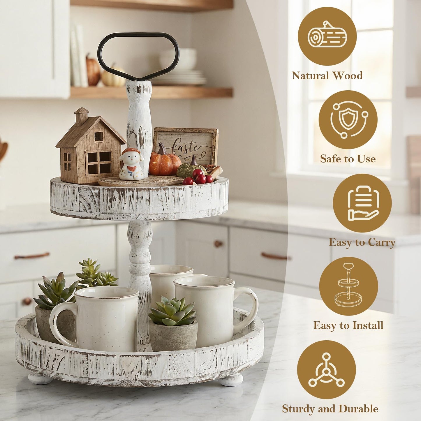 Horse Rustic Wooden Tiered Tray, 18.5x12.5 2 Tier Farmhouse Decor Cupcake Stand, Round Serving Tray for Home Kitchen Shelf Dinning Table Seasonal & Independence Day,Halloween,Christmas Decorations