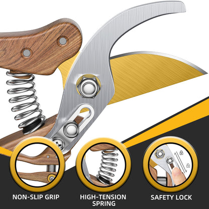 DECERK® 8.5" Premium Bypass Pruning Shears – Wood Grain Finish with Gold Titanium Blade, Japanese SK5 Steel, Balanced Ergonomic Handle for Precise Garden Trimming, Timeless Gardening Companion