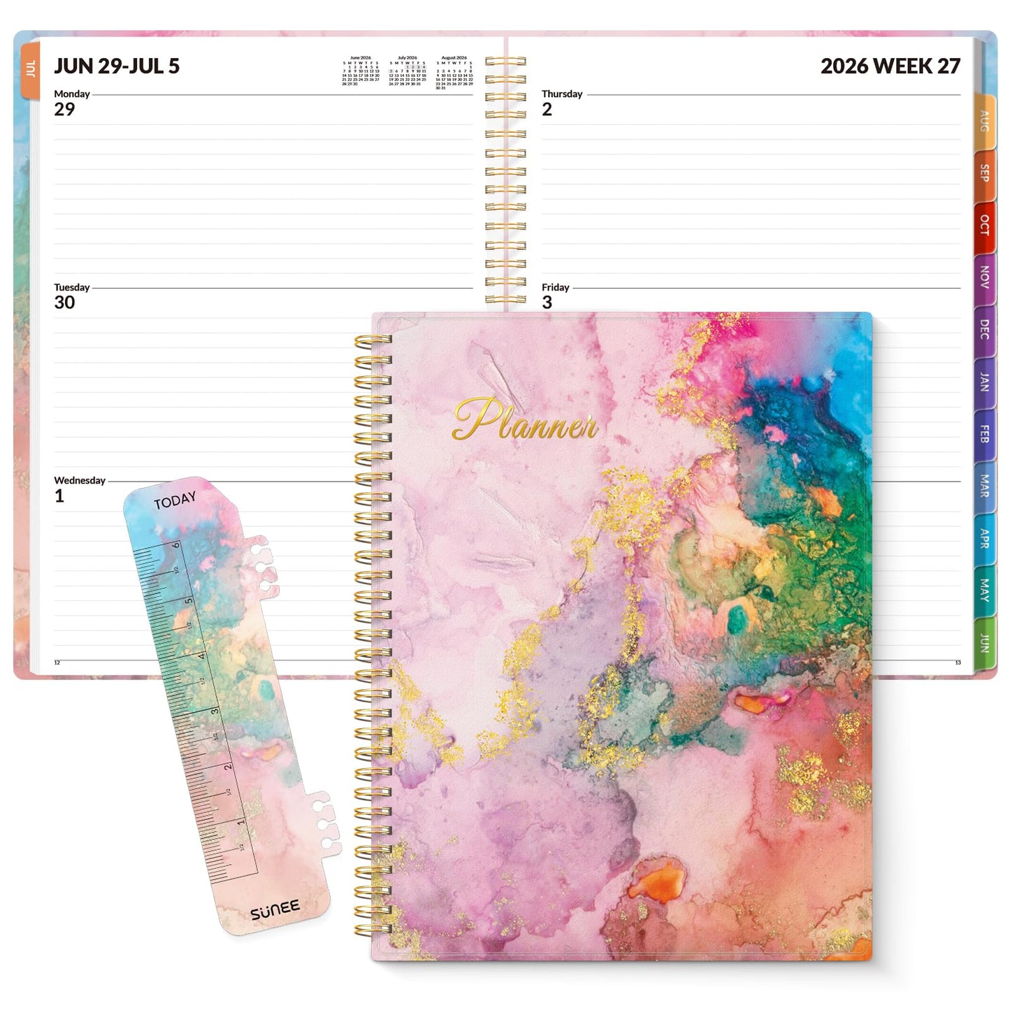 SUNEE Academic Planner 2026-2027 – Weekly & Monthly Planner, July 2026 to June 2027, 8.5"x11", Thick Paper, Tabs, Pockets, Bookmark, Spiral-Bound, Student Teacher Organizer, Marble