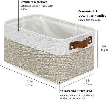 OrganiHaus 12x8in Canvas Storage Baskets 3 Pack | SMALL Fabric Bins for Shelves | Pantry & Bathroom Organizer | Beige/Off-White