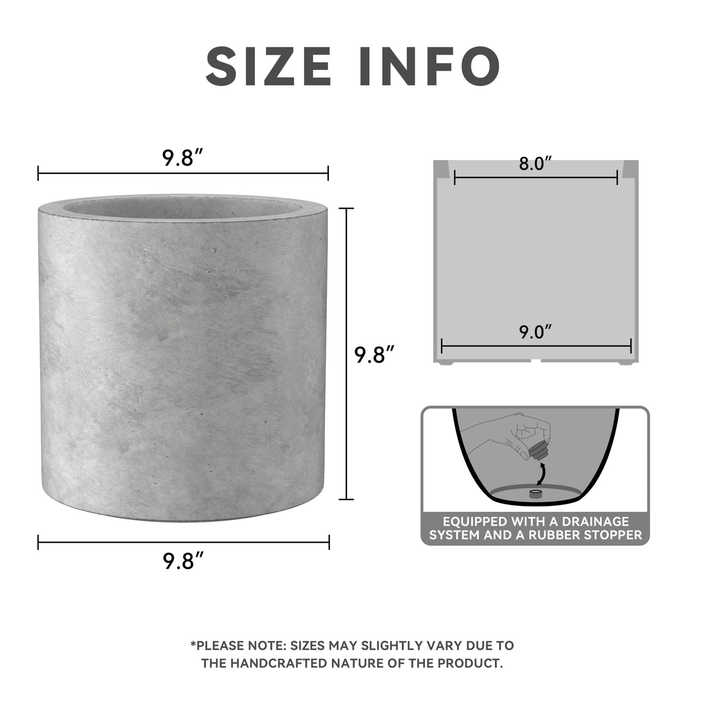 Kante 9.8" Dia Round Concrete Planter, Modern Style Large Cylindrical Plant Pot with Drainage Hole and Rubber Plug for Indoor Outdoor Patio, Natural Concrete