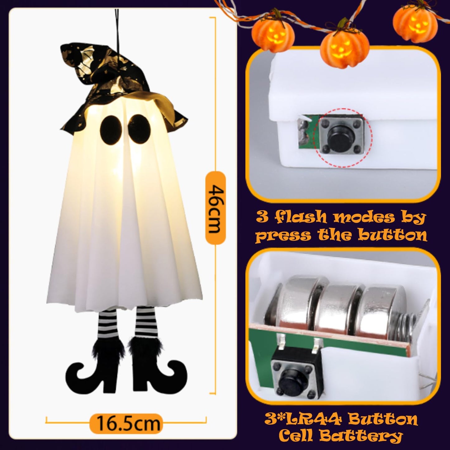 Set of 3 Halloween Hanging Ghosts, Halloween Decorations Witch Hat Lights, Outdoor Glowing Ghost for Yard Patio Garden Tree
