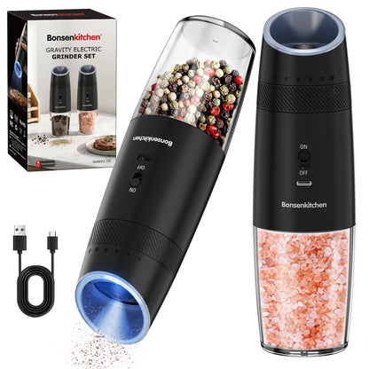 Bonsenkitchen Gravity Electric Salt and Pepper Grinder Set,Type-C Rechargeable Automatic Grinder With 6-Level Coarseness Adjustment, LED Light, 135ML Large Capacity for Kitchen, BBQ & Camping
