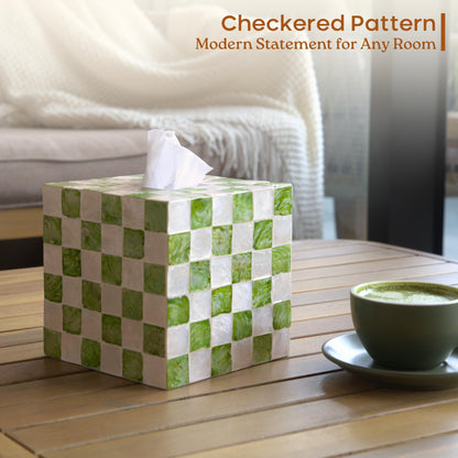CHI AN HOME 5.7" Square Tissue Box Cover, Handmade Checkered Cube Tissue Box Cover with Capiz Shells, Decorative Tissue Holder for Living Room, Bathroom, Bedroom or Office (Pistachio Green)