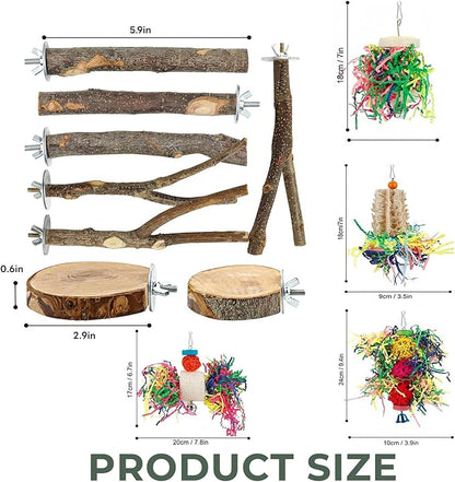 12 Pcs Natural Bird Perches and Shreddable Parakeet Toys, Essential Parrot Cage Accessories with 8 Wood Standsand 4 Shreddable Parakeet Toys, Foraging Shredder and Bird Accessories for Cages
