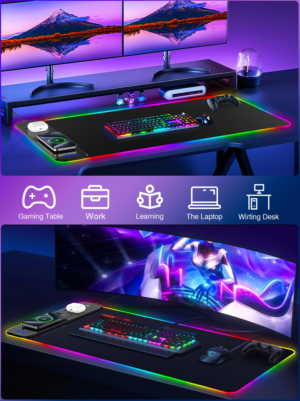 Mouse Pad with Wireless Charging, Large Desk Mat RGB Gaming Mousepad, 10 Light Colors LED Gaming Pad Keyboard Pad with Ultra-Smooth Surface & Non-Slip Rubber Base, Waterproof Full Desk Mouse Pad