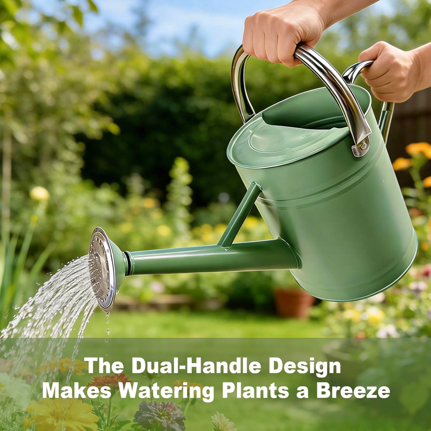 Watering Can for Outdoor&Indoor Plants，1 Gallon Metal Watering Can with with Removable Spout，Galvanized Steel Garden Flower Water Can Plant Watering Pot with 2 Stainless Steel Handles，Cream Green