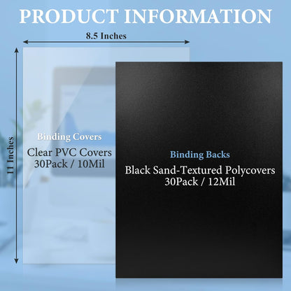 60 Pack Binding Covers and Backs Set, 8.5 x 11 Inches, 30P Clear PVC Covers (10 Mil), 30P Black Sand-Textured Polycovers (12 Mil), Presentation Covers for Binding, Letter Size