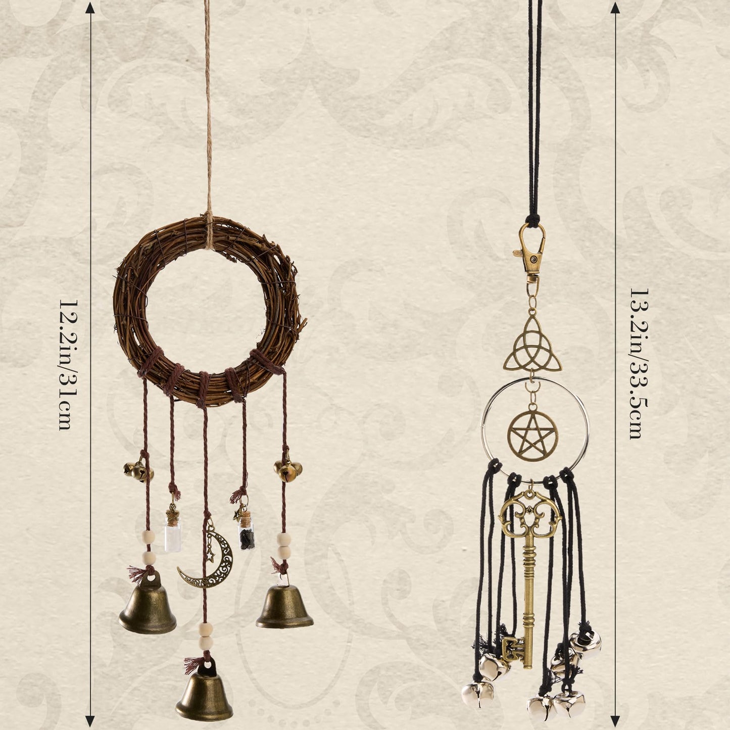 2 Pieces Witch Bells for Door Knob, Witch Wind Chimes Hanger Protection, Witchcraft Supplies Witchy Things, Magic Witching Bell Wreath Decor for Home Door Room (Black-New)