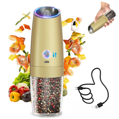 CIRCLE JOY 2-Speed Gravity Electric Pepper Grinder, Rechargeable Salt Grinder Pepper Mills, Adjustable Coarseness, White LED Light, 135ML Large Capacity, Gold