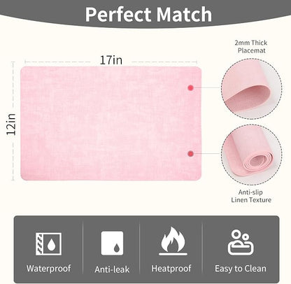 Maxpearl Faux Leather Placemats Set of 4 - Waterproof - Wipe Clean - Heat Resistant - Anti Slip Dining Table Place Mats, Suitable for Indoor & Outdoor Use, 17’’×12’’, Light Pink