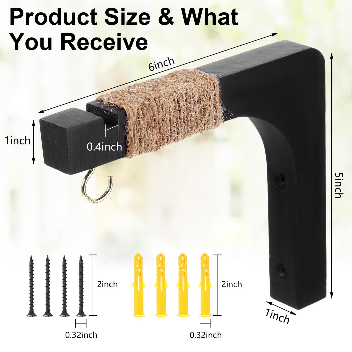 Geelin 4 Pack Black Wooden Plant Hanger for Wall Mounted Plant Hooks Outdoor Indoor Hanging 6 Inch Farmhouse Hanging Basket Hooks for Garden Home Wall Decoration, L x H x T: 6 x 5 x 0.8inch