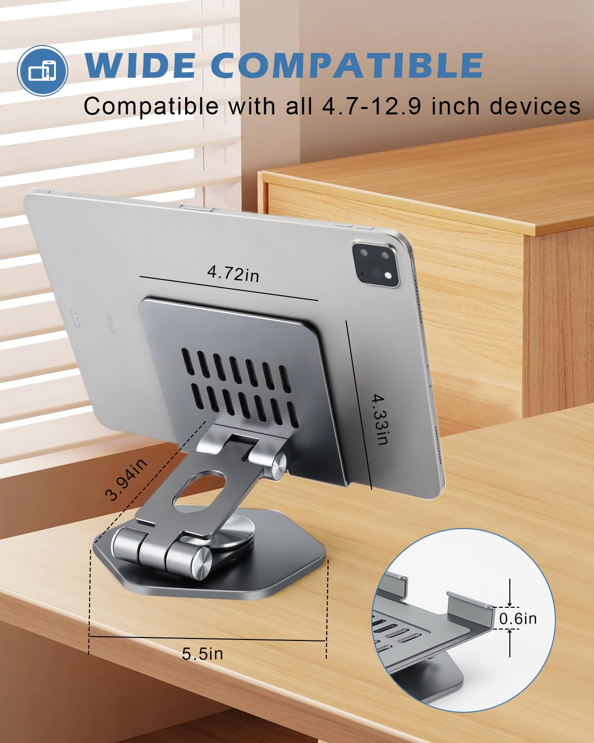 SOJUNER Aluminum Tablet Stand for Desk, 360° Swivel iPad & Tablet Holder – Thickened Material & Foldable Desktop Mount for 5–12.9in Devices, Grey
