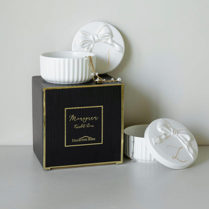 COLLECTIVE HOME Monogram Ceramic Jewelry Box with Bow - Small Jewelry Dish, Elegant Birthday, Graduation, Christmas & Women's Day Gifts (K)