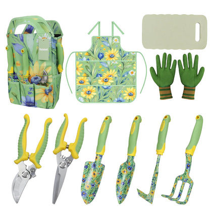 Patioland 10-Piece Garden Tool Set – Green Floral Print Gardening Hand Tools with Non-Slip Handles, Heavy Duty Rust-Proof Aluminum Tools, Organizer Tote Bag, Ideal Gardening Gifts for Women & Grandma