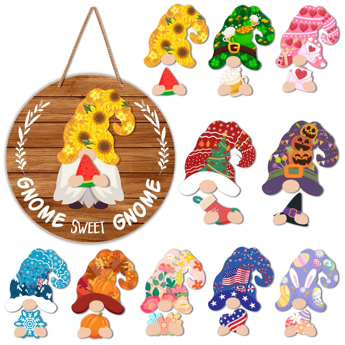 Interchangeable Gnome Welcome Sign Summer Patriotic 4th of July Door Decoration, Changeable Seasonal Front Porch Decor Wood Wreath Gnome Gifts for Spring Fall Winter All Seasons Holiday, Light Brown