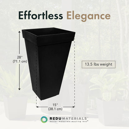 Tierra Verde Indoor & Outdoor Self-Watering Square Planter, Symphony, 15" x 28", Black - Planting Containers for Plants and Flowers - Gardening and Landscaping Accessories