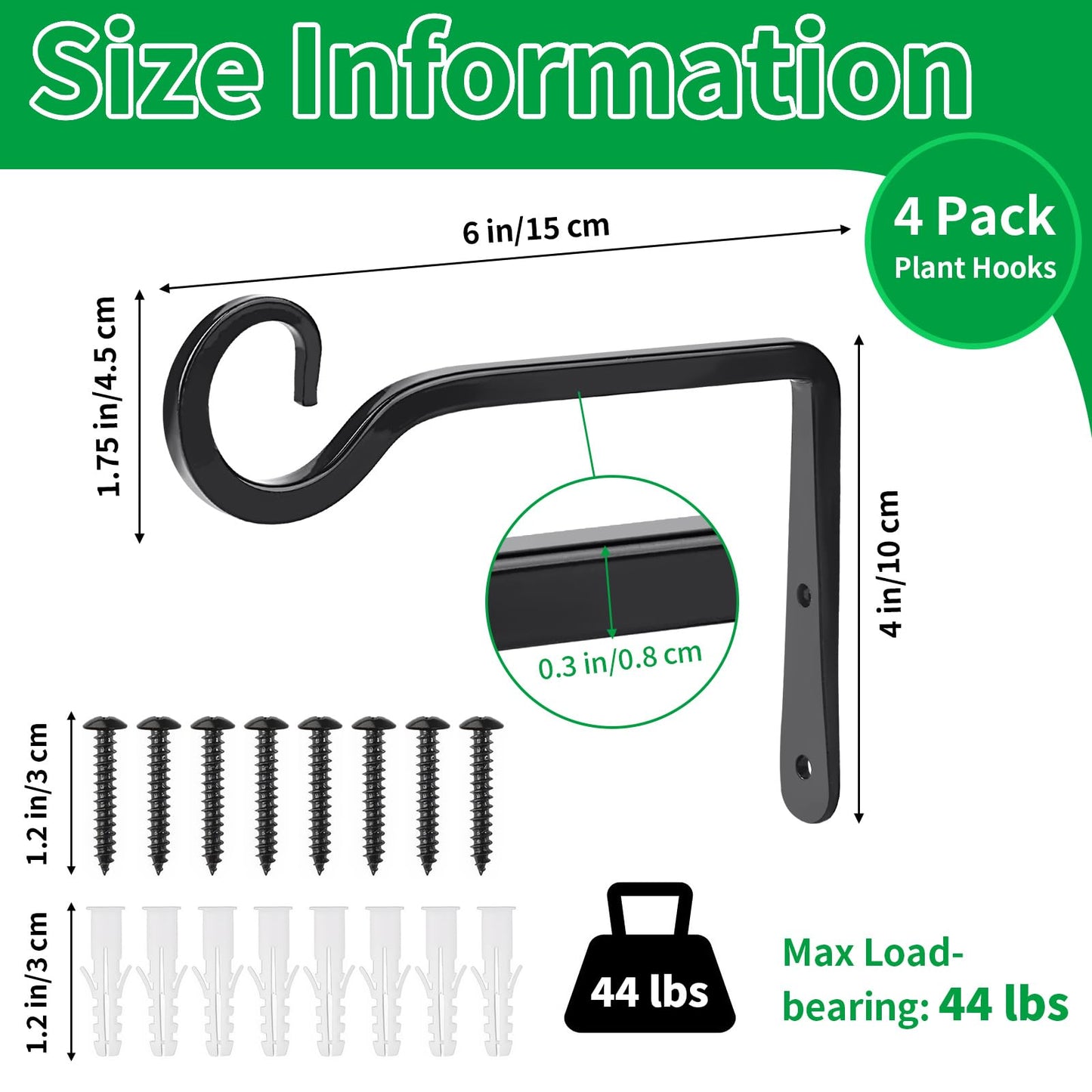 MOWPOG Plant Hangers Outdoor, 4 Pack 6 Inch Hanging Plants Bracket, Metal Hanging Hooks, Wall Hooks for Bird Feeder, Flower Basket, Wind Chimes, Indoor Outdoor (Black)
