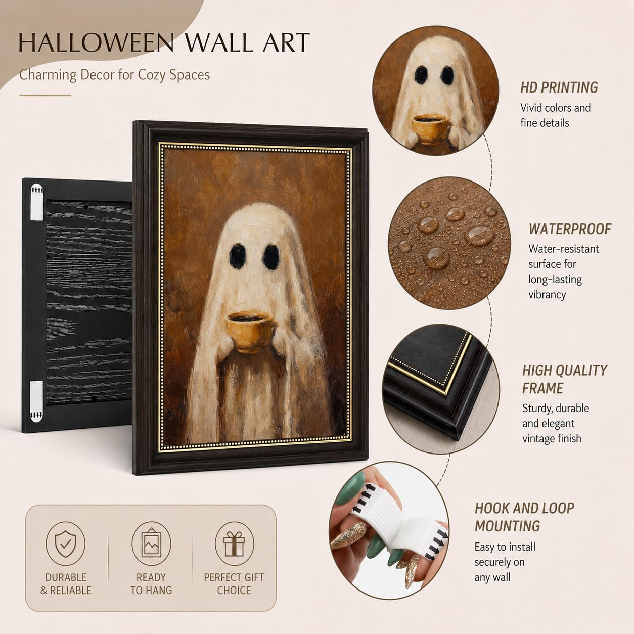 Ghost Kitchen Wall Art 9x11 Dark Brown Framed Canvas Print Cute Ghost Drinking Coffee Picture Dark Academia Coffee Bar Decor for Halloween Fall