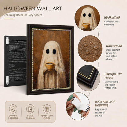 Ghost Kitchen Wall Art 9x11 Dark Brown Framed Canvas Print Cute Ghost Drinking Coffee Picture Dark Academia Coffee Bar Decor for Halloween Fall