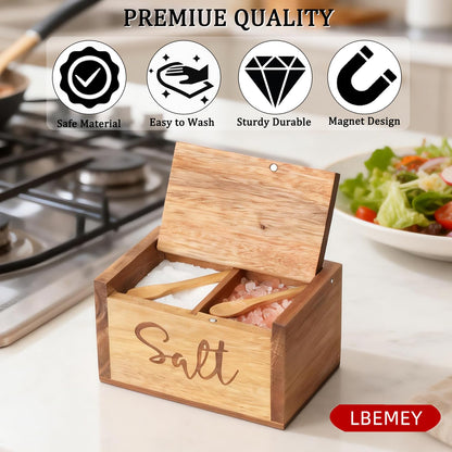 Acacia Wood Spice Box with Lid and Built-in Spoon for Kitchen Countertop, Rectangle Farmhouse Kitchen Decoror for Storing Salt, Peppers, Sugar or Seasonings, Brown (Labeled - “Salt”)