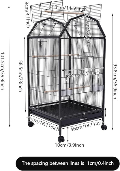 Large Bird Cage, Movable Pet Bird Flight Cages with 5 Doors Wheels, Panorama Bird Aviary Indoor with Stand 17.9x17.9x39.9in, Fit for a Canary, Finch, Cockatiels, Conures, Parrot, Lovebirds