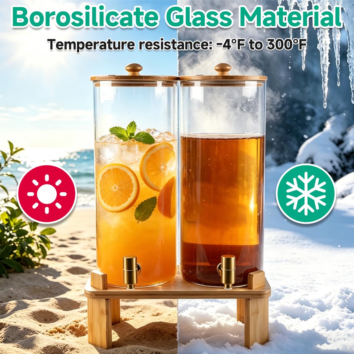 2 Gallon 2 PCS (4 gallon) Beverage Dispenser With Bamboo Wood Stand,Large Glass Drink Dispenser for Parties,Large Water Dispensers with Spigot,Juice Containers & Water Pitcher,Lemonade Dispenser
