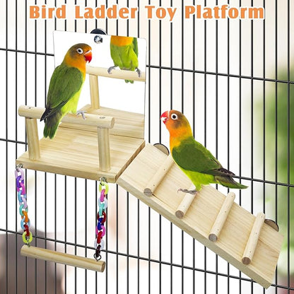 BNOSDM Bird Perch Platform with Mirror, Wooden Climbing Ladder for Parakeet, Small Bird Swing Toys Parrot Cage Accessories Budgie Playground for Cockatiel, Lovebirds, Conures, Finch