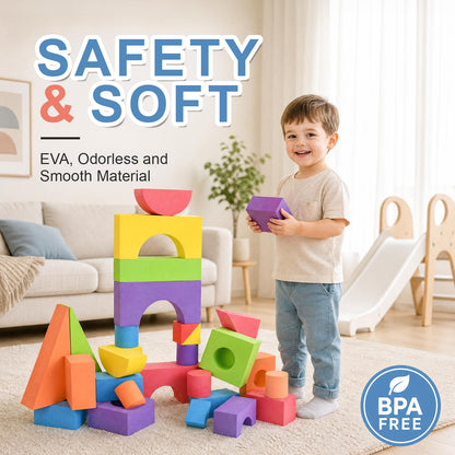 Bingyouth Large Building Foam Blocks for Toddlers, EVA Stacking Foam Building Blocks Toy Set, Non-Toxic, Washable, Early Learning Construction Toys & Gifts for Kids Boys & Girls (Blue, Pieces, 30)