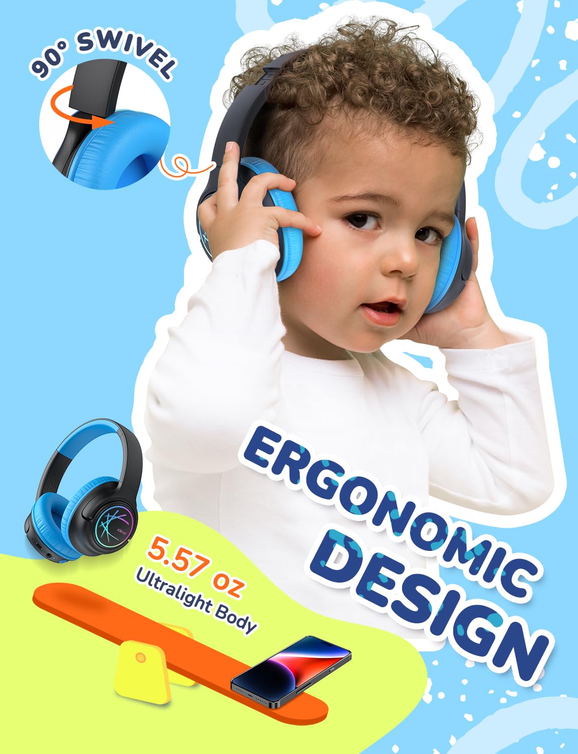 iClever Kids Bluetooth Headphones with LED Lights, BTH18 Safe Volume 74/85dBA, 43H Playtime, Bluetooth5.3 Kids Headphones Wireless Aux Cord for iPad Tablet Travel School, Black