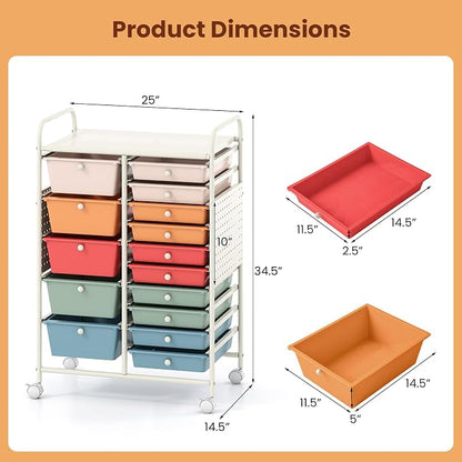 Giantex 15 Drawer Storage Cart, Rolling Craft Cart with Metal Tabletop & Pegboard, Mobile Utility Organizer Trolley with Locking Wheels, Home Office, Macaron Multicolor