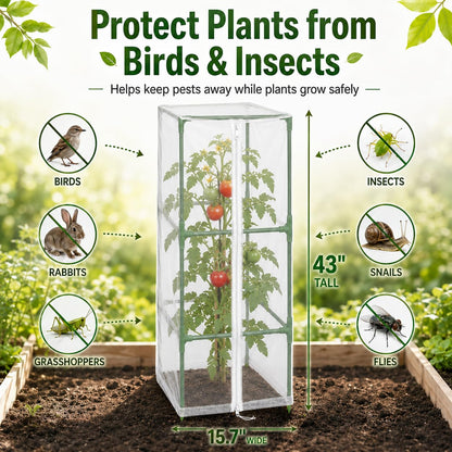 Halatool Garden Tomato Plant Cover Netting, Fits 40–50" Tall Square Tomato Cages, Garden Bird Netting with Zipper & Drawstring, Insect Barrier, Plant Covers from Insects Animals, 2 Pack, 43"×15.7"