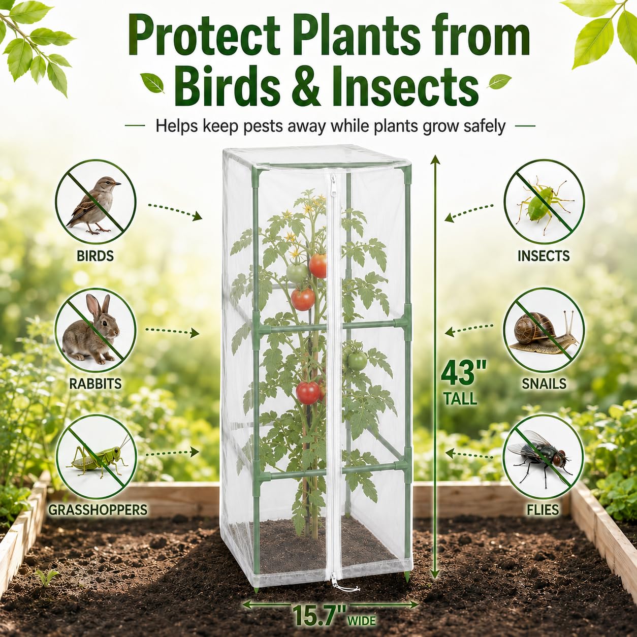 Halatool Garden Tomato Plant Cover Netting, Fits 40–50" Tall Square Tomato Cages, Garden Bird Netting with Zipper & Drawstring, Insect Barrier, Plant Covers from Insects Animals, 4 Pack, 43"×15.7"