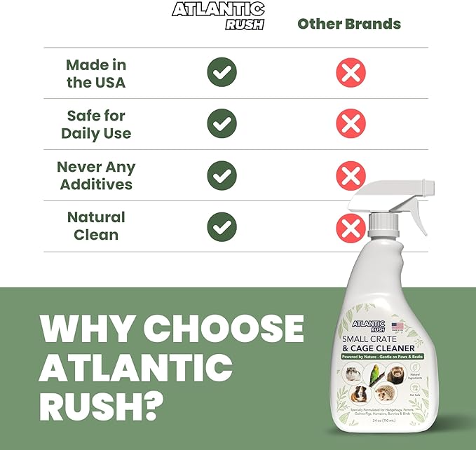 Atlantic Rush Small Animal Cage Cleaner Spray- 24oz Bottle Cage and Crate Cleaner for Guinea Pig, Hamster, Rabbit, Ferret, & Birds- Cage Cleaning Supplies Odor Eliminator