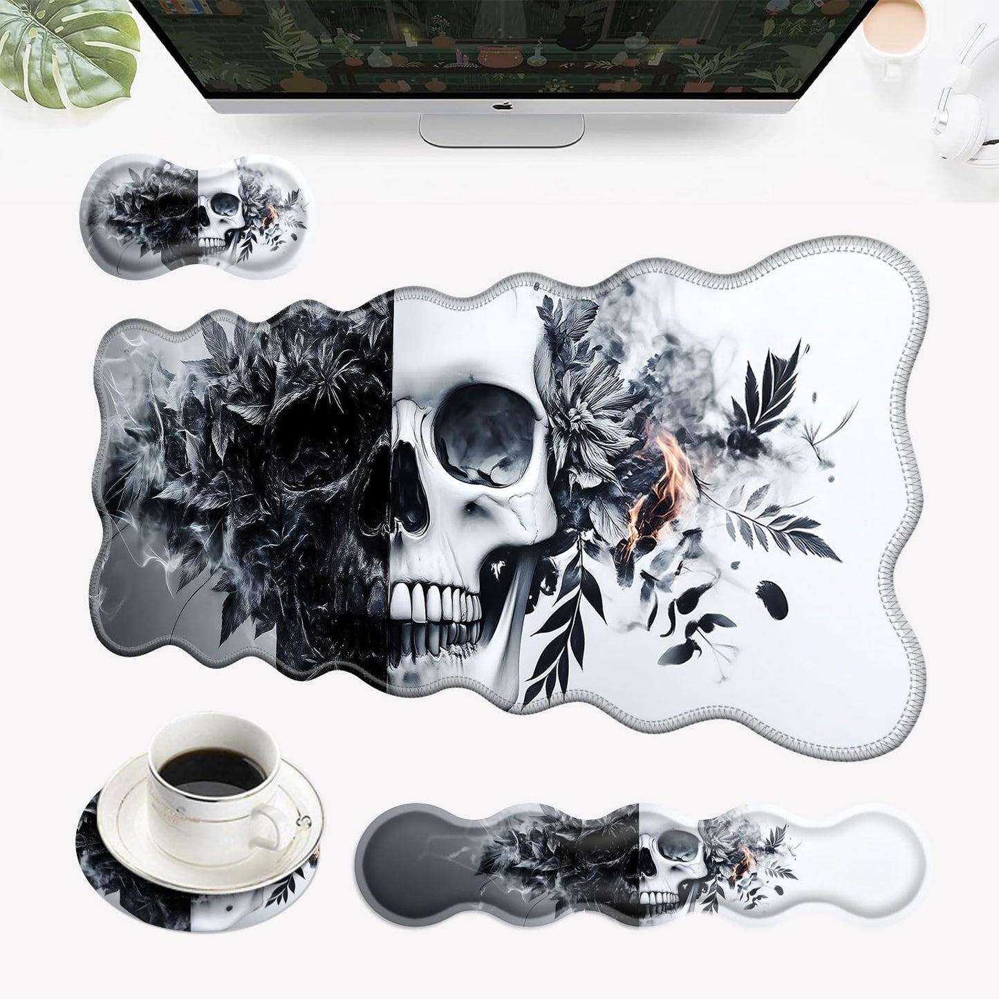 EFGWSDER Desk Mat, Mouse Pad with Wrist Rest, 4-in-1 Large Mouse Pads for Desk, Ergonomic Mouse Pad and Keyboard Wrist Rest Gaming Keyboard Mat for Office,Funny Skull