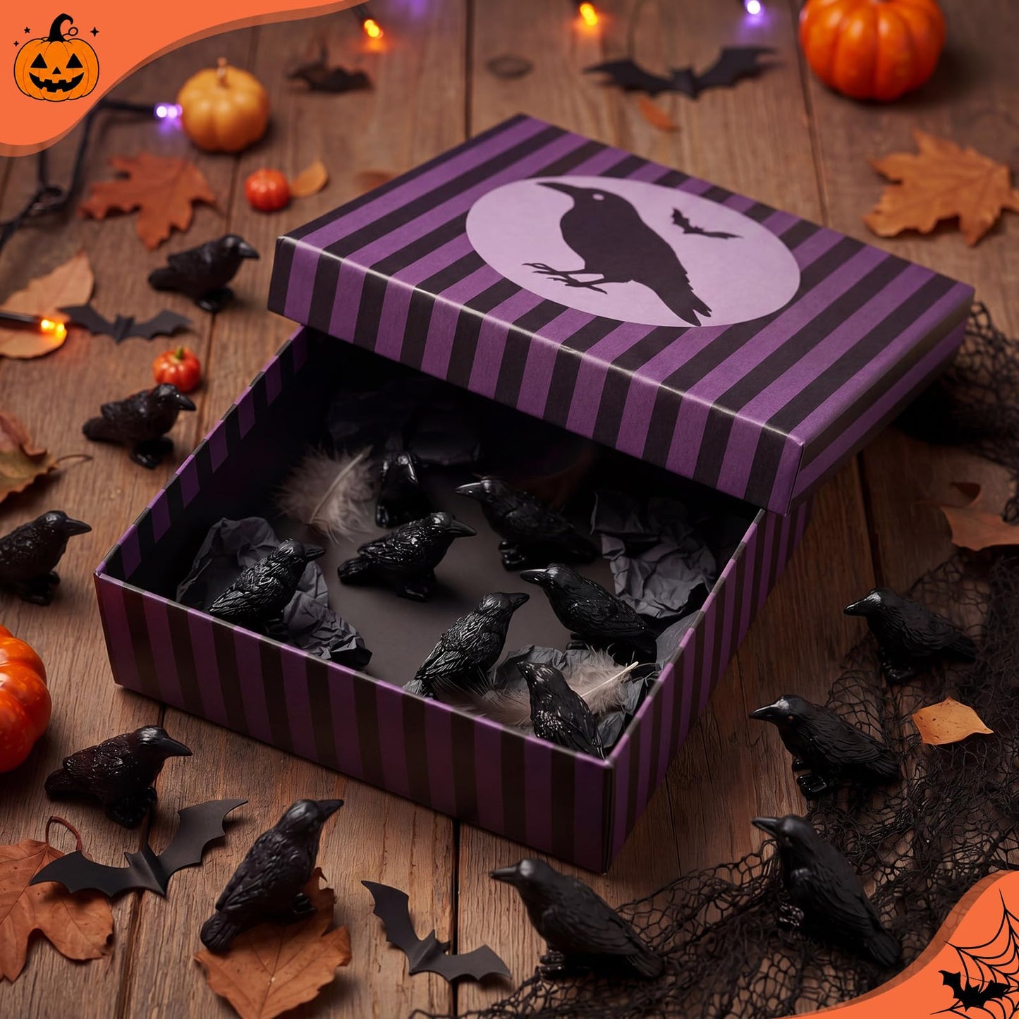 RoundFunny 50 Pcs Miniature Resin Crows Mini Halloween Figurines, Small Black Raven Halloween Bird Figures to Hide Tiny Raven Decor Black Crows Gothic Miniature for Micro Landscape Craft Party Favors