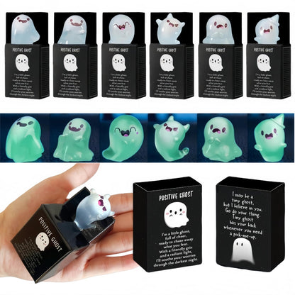 Jxueych Halloween Mini Glow-in-The-Dark Ghost Figurines - 6pcs Resin Collectibles with Positive Messages, Spooky-Cute Decor for Home, Office, Parties (Green)