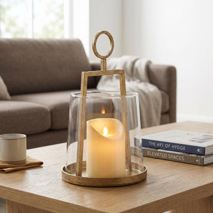 Modern Farmhouse Hurricane Candle Holder, Antique Brass Metal Centerpiece with Sturdy Glass Sleeve, Tabletop Geometric Lantern for Pillar Candles, Plants & Home Decor (6" x 10")